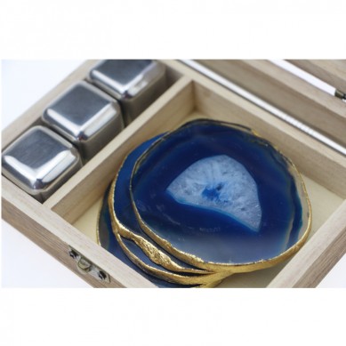3 pcs Whiskey Stone  Agate Coaster with golden rim stainless steel straw