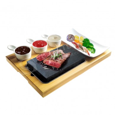 Amazon pi gwo vandè Steak Stone Set Banbou Board Nwa Lava Rock Sizzling Hot Plate