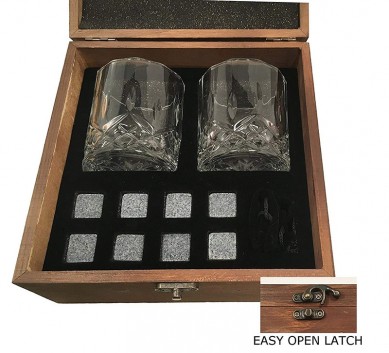 LARGE WHISKEY GLASSES NATURAL WHISKEY STONES ALL PACKAGED IN ELEGANT WOODEN BOX