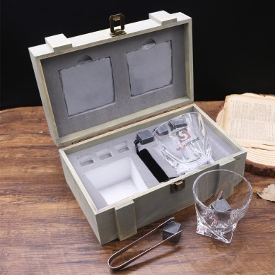 Lead free glass 10 oz Twist Whiskey Glass and whiskey stone slate coaster in grey wood box