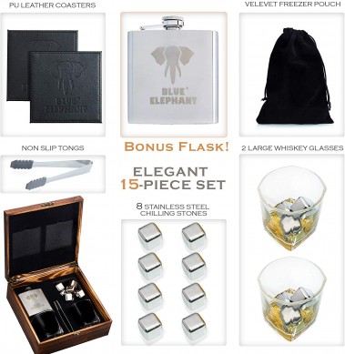 Whiskey Stones Gift Set Chilling Stones Whisky Glasses Tongs Coasters in Elegant Gift Box