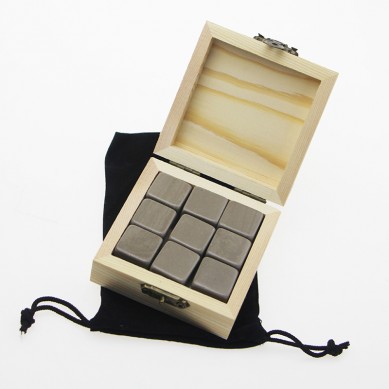 9 Pcs of hot selling Whiskey Ice Rocks Stone Set in square and black polished whiskey stone in gift box