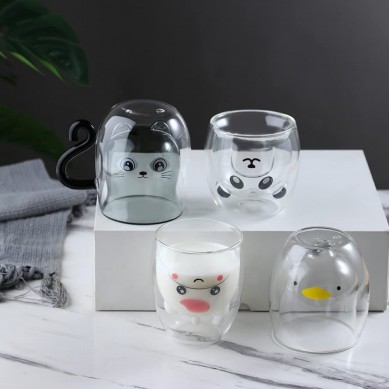 Panda bear shape Double Wall Glass Cute Cup Gift Christmas Valentine’s Day Birthday, 250 ML (Clear)