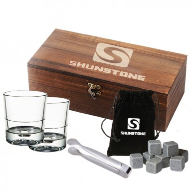 Whiskey Stones and Whiskey Glass Gift Boxed Set 8 Granite Chilling Whisky Rocks and 2 Crystal Glasses in Customized Wooden Box