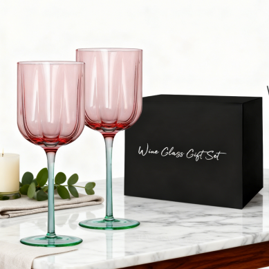 SHUNSTONE Premium Crystal Flower Shaped Burgundy Wine Glass Gift Set for Ladies Birthday Valentine’s Day Wedding Party