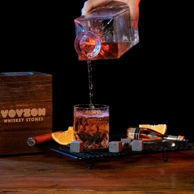 4 Chilling Whiskey Stones Crystal Whiskey Rock Glass Slate Coasters for Whiskey