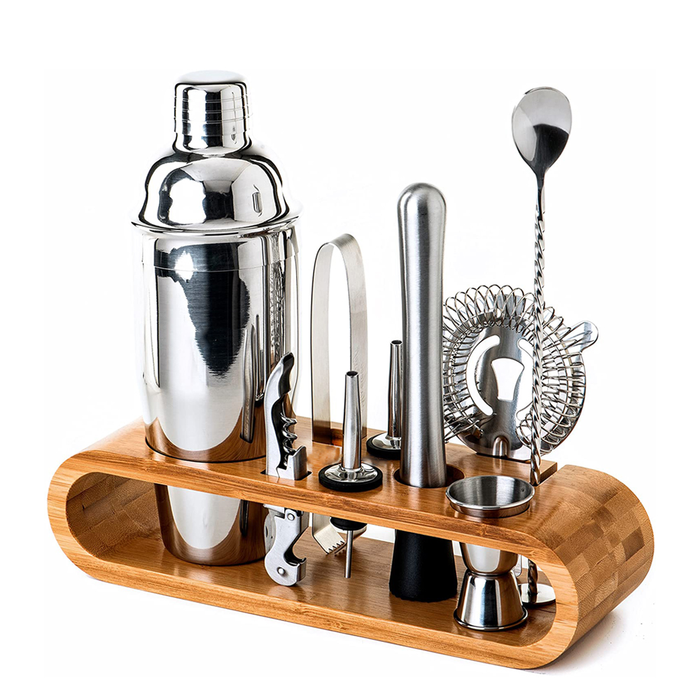 professional bar tool cocktail shaker gift set by bamboo holder