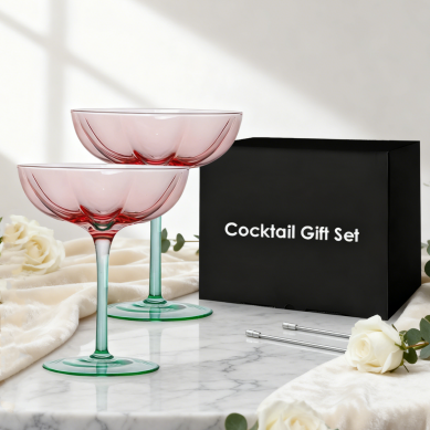 Creative Floral Shaped Beautiful Goblet Cocktail Dessert Glass Set with Cocktail Stick Gift Box Packing for Wedding Business