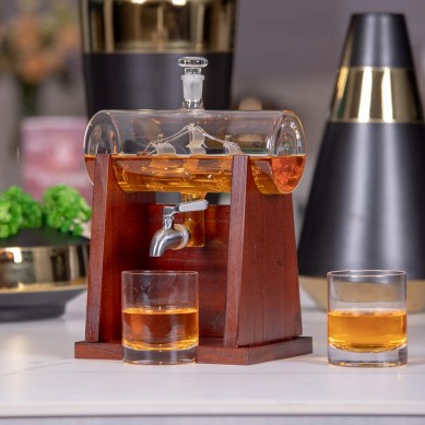 High quality Crystal Decanter lead free glass barrel shape wine decanter by wooden holder