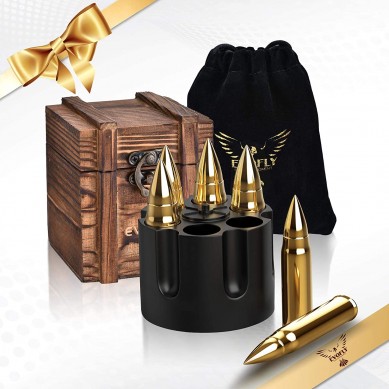 Customized golden bullet shape reused whiskey ice cube stone set by wooden gift box