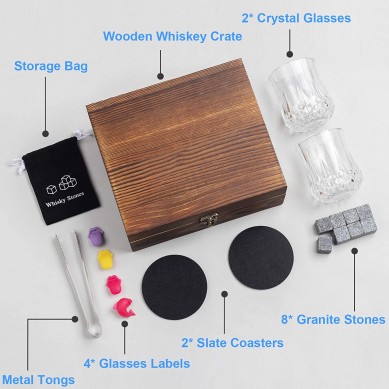 nature stone coaster Reusable Ice Cubes Chilling Stones crystal whiskey wine glass wooden gift box set