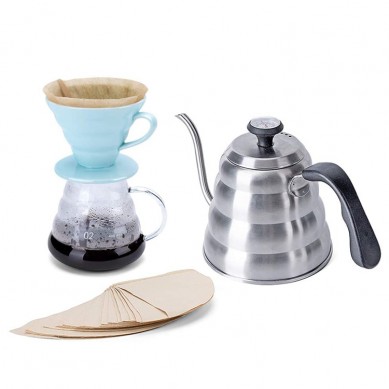 Pour Over Coffee Maker Set Hand Drip Coffee Kettle with Thermometer V60 Filters Coffee Dripper and Server