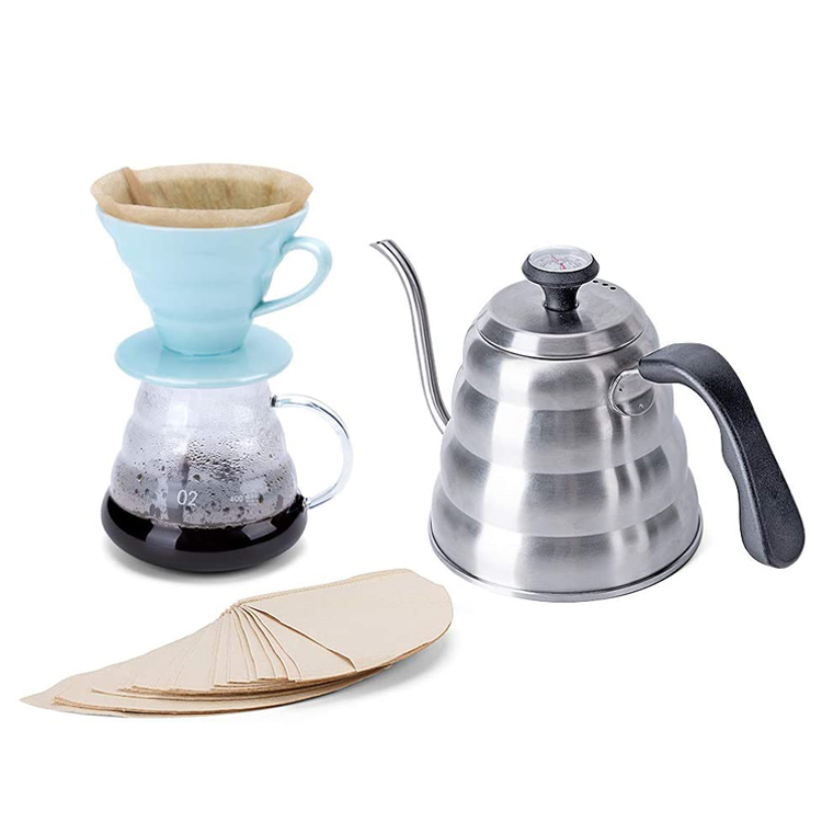 Personlized ProductsDecanters - Pour Over Coffee Maker Set Hand Drip Coffee Kettle with Thermometer V60 Filters Coffee Dripper and Server – Shunstone