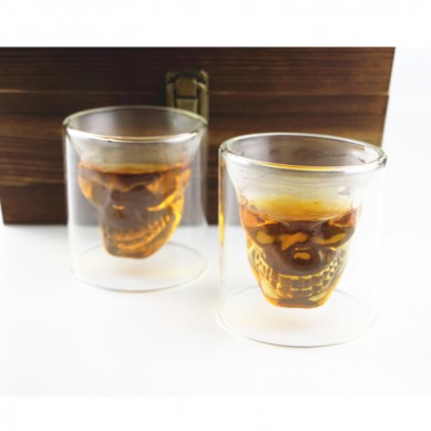 Promotion Gift skull shape whiskey decanter wine glasses by wooden gift box