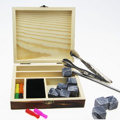 Customized eco-friendly ceramic 9 pcs of Antiquity Wood Grain whiskey ice cube stones with stainless steel straw and tong