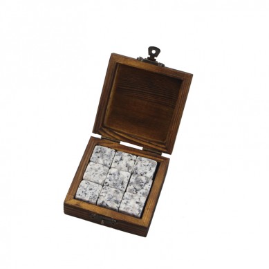 Personalized 9 pcs of Granite Whiskey Stones Gift Set Chilling Stones Set for Whiskey Wine Grey Basalt Drinking Stones in Pine Wooden Box