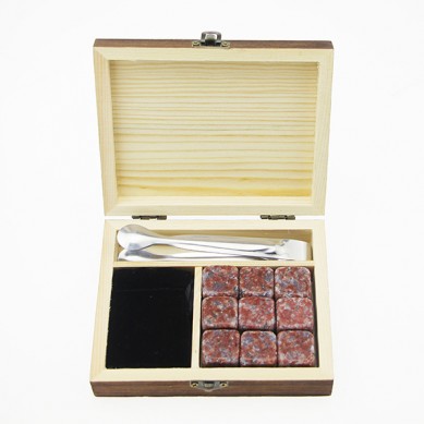 Best seller whiskey stone set with 6 pcs Whiskey Stones In Color Wood Box Gift Set With a Tong ang a Velvet Bag