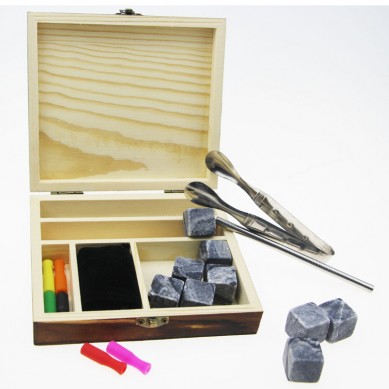 Customized eco-friendly ceramic 9 pcs of Antiquity Wood Grain whiskey ice cube stones with stainless steel straw and tong