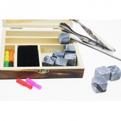 Customized eco-friendly ceramic 9 pcs of Antiquity Wood Grain whiskey ice cube stones with stainless steel straw and tong