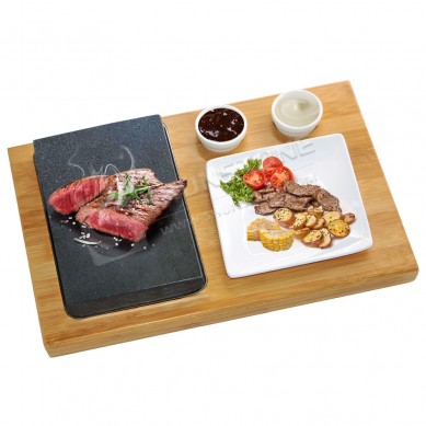 Conxunto de pedra de bisté OEM de fabricación chinesa Lava Grill de Lava Stone con placa de bambú para forno