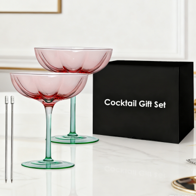 Creative Floral Shaped Beautiful Goblet Cocktail Dessert Glass Set with Cocktail Stick Gift Box Packing for Wedding Business