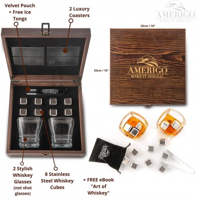 Amazon hot selling whiskey glass and stainless ice cube stone wooden box gift  set