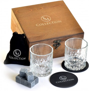 The best Wine gift set  for men reused ice cube stone lead free whiskey glass and coaster in luxury wooden box
