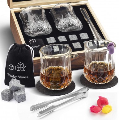 nature stone coaster Reusable Ice Cubes Chilling Stones crystal whiskey wine glass wooden gift box set