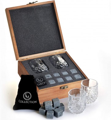 Reusable Ice Cubes Chilling Stones and crystal whiskey wine glass wooden gift box set