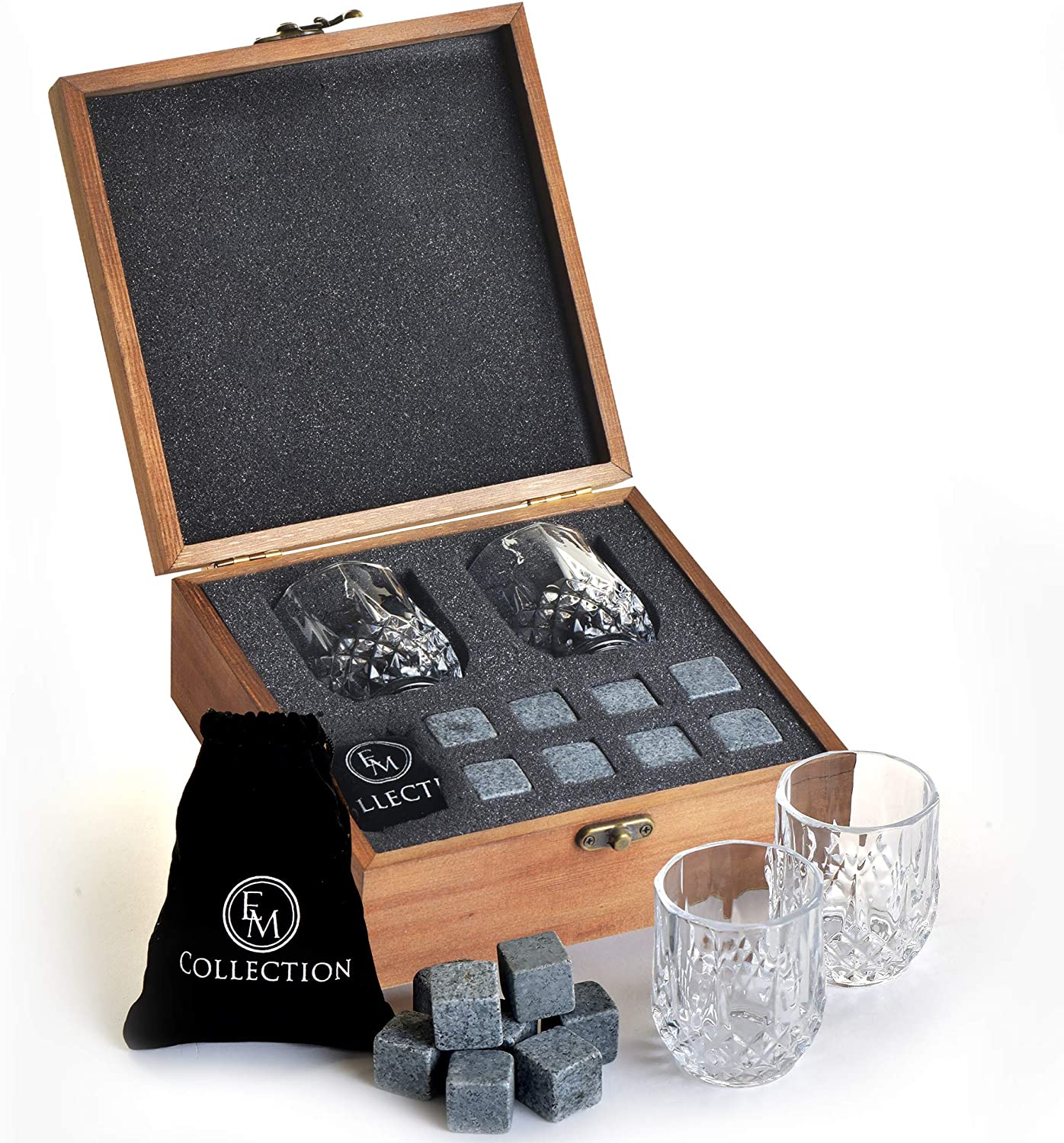 OEM Supply Whisky Gifts - Reusable Ice Cubes Chilling Stones and crystal whiskey wine glass wooden gift box set  – Shunstone