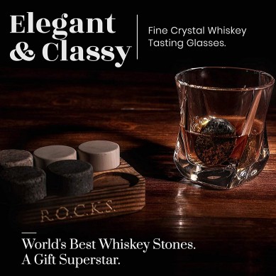 Amazion hot selling  reused ice rock cube stone round whiskey stone and twistle wine glass gift set