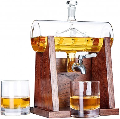 Carafe en cristal de haute qualité en forme de tonneau en verre sans plomb par support en bois