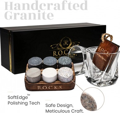 Reasonable price Reusable round shape Ice Cubes Chilling Stones by wooden tray  thickness base whisky glass gift box set