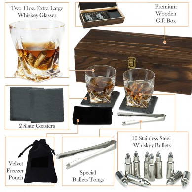 Wholesale Discount Whiskey Stones Gift Set Granite Chilling Rocks Crystal Shot Glasses In Wooden Box