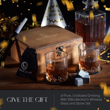 The best Wine gift set  for men reused ice cube stone lead free whiskey glass and coaster in luxury wooden box