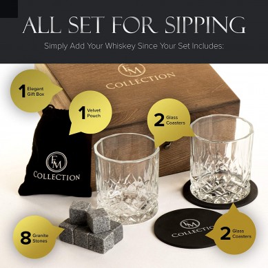 The best Wine gift set  for men reused ice cube stone lead free whiskey glass and coaster in luxury wooden box