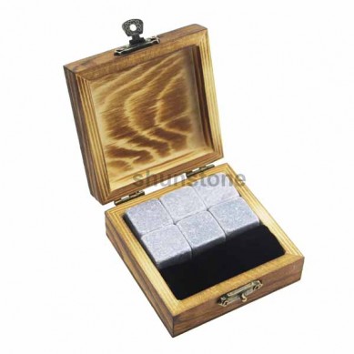 Hot selling soapstone whiskey stones Black velvet bags burning wooden boxes gift Set for drinking