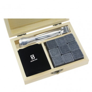 Best Reusable Ice Cubes 9 pcs of Whiskey Stones in Wooden Box Set Bulk Granite Whiskey Rocks Grey Beverage Chilling Stones