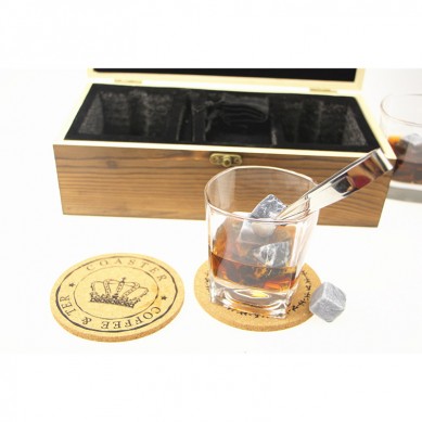 Whiskey Stones and Whiskey Glass Gift Boxed Set 8 Granite Chilling Whisky Rocks and 2 Crystal Glasses in Customized Wooden Box