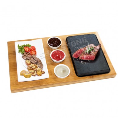 Chinese manufacture OEM steak stone set Lava Grill by Lava Stone with bamboo Plate for Oven