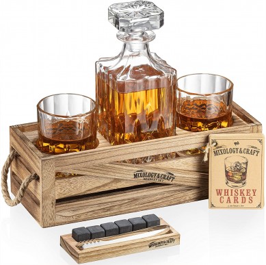 Amazion hot selling  whisky stone gift set including whiskey decanter and wine glass in Army wooden holder