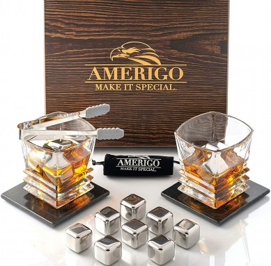 Amazon hot selling whiskey glass and stainless ice cube stone wooden box gift  set