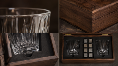 A closer look at gift presentation glassware, accessories and packaging details.