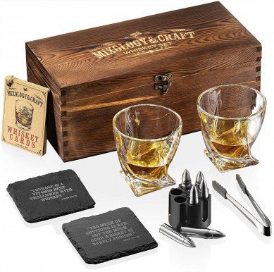 Amazon hot selling twistle whiskey glass and whisky bullet stainless ice cube stone  and stone coaster wooden box gift  set