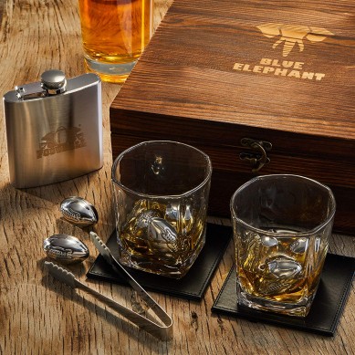 Football Whiskey Stones Gift Set Whisky Glasses Flask Tongs Coasters with Gift Box