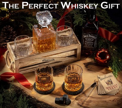 Amazion hot selling  whisky stone gift set including whiskey decanter and wine glass in Army wooden holder