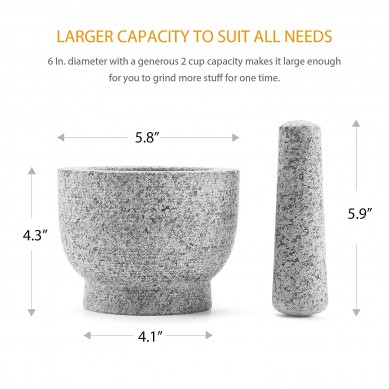 Granite Mortar and Pestle Set Unpolished Granite Molcajete Grinder 6 Inch 2 Cups Capacity