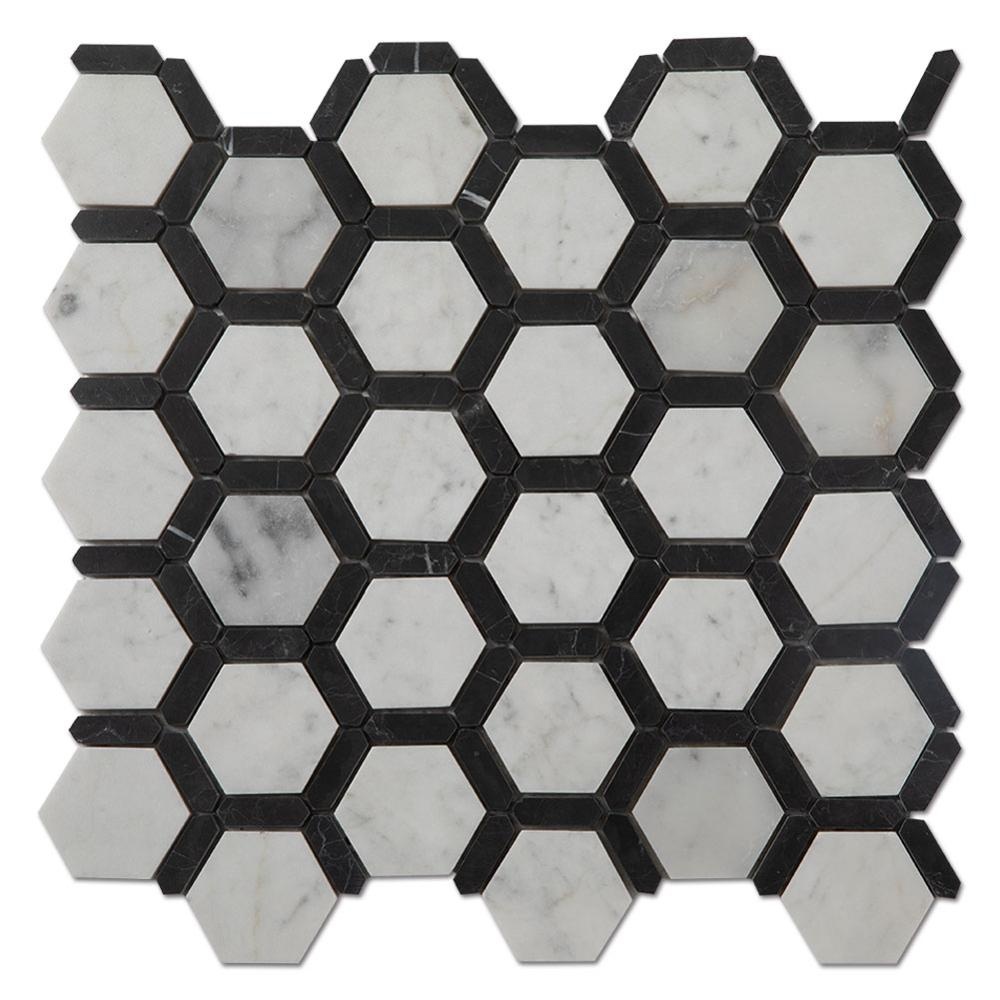 Best Price for Ice Whiskey Cubes - Carrara Nero Marquine Black Mixed White Hexagon Marble Floor Mosaic Tile  – Shunstone