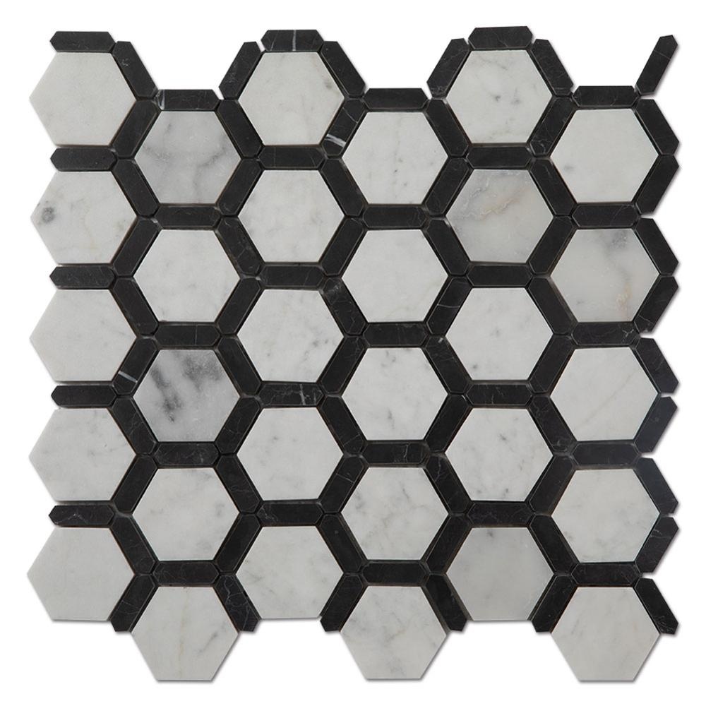 Factory Supply Skull Glass - Carrara Nero Marquine Black Mixed White Hexagon Marble Floor Mosaic Tile  – Shunstone