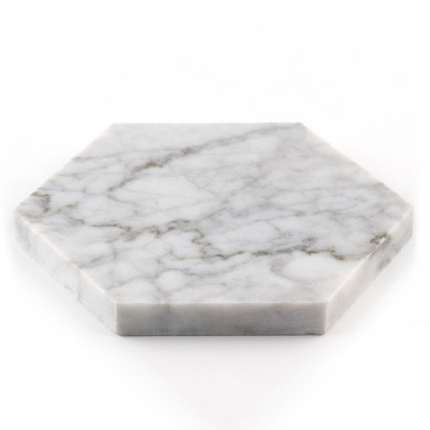 Set of 4 Pcs Hexagonal Carrara White Marble Coasters With Bamboo Tray Holder